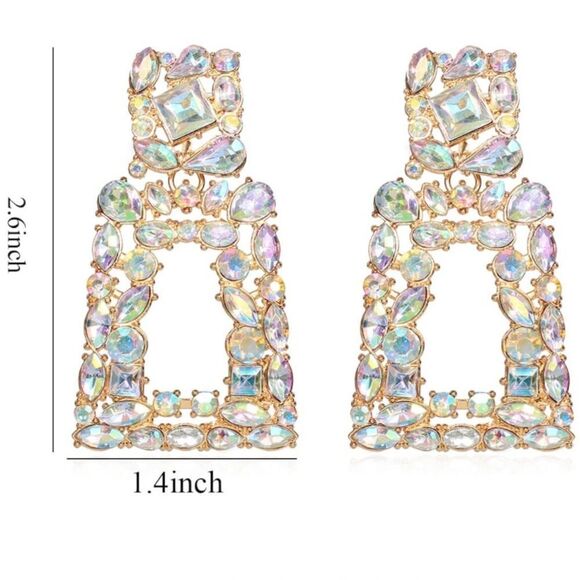 Yellow Gold with Iridescent AB Crystal Geometric Rectangle Post Back Earrings - Picture 6 of 6